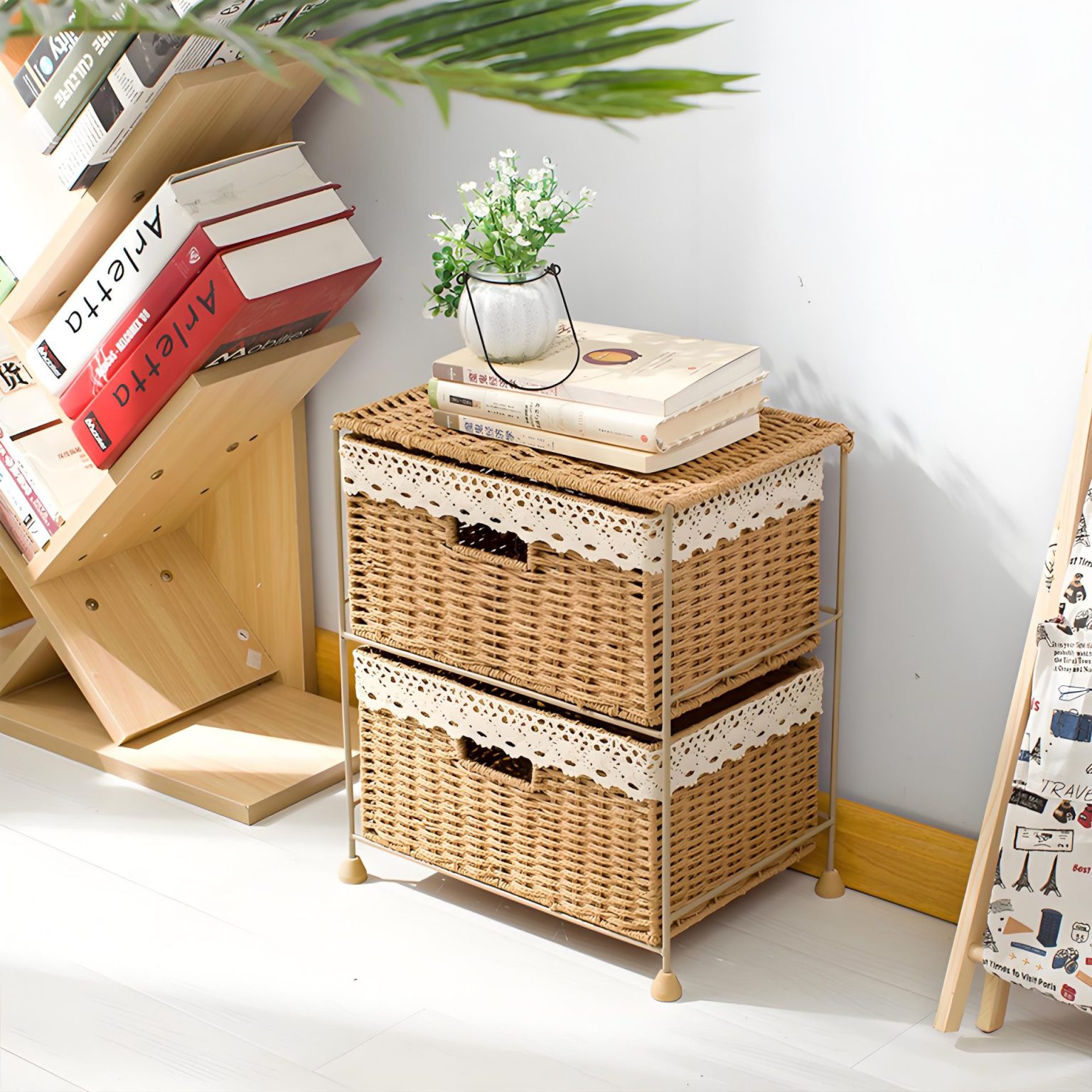 2-drawer woven storage unit with biodegradable paper rope baskets and gold painted metal frame, customizable colors