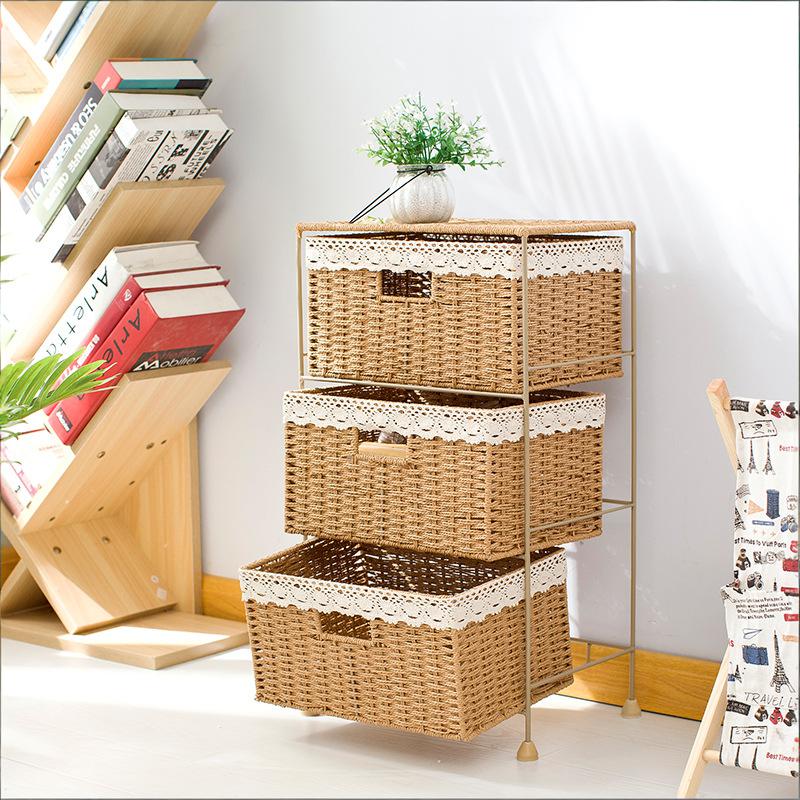 3-drawer woven storage unit with biodegradable paper rope baskets and gold painted metal frame, customizable colors