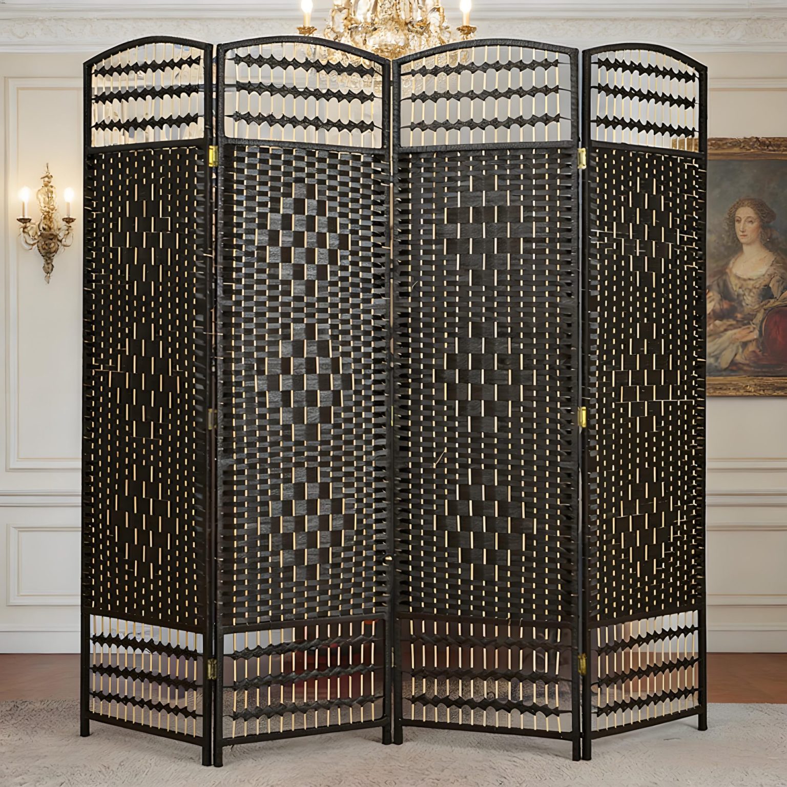 Customizable black woven wooden screen as a partition in a luxury European living room with a crystal chandelier