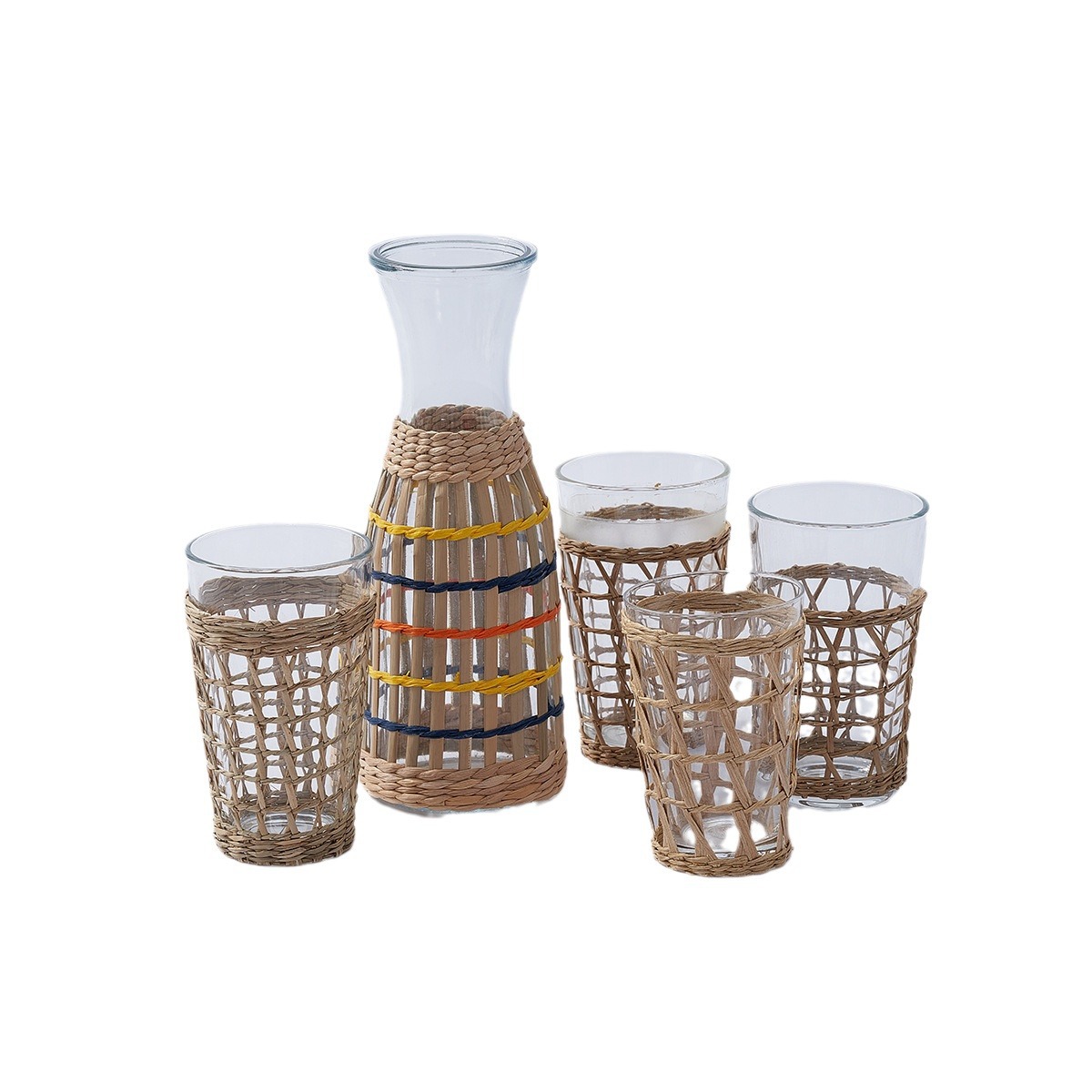 Colorful Stripes Seagrass Glass Carafe & Tumbler Set | WovenNatural