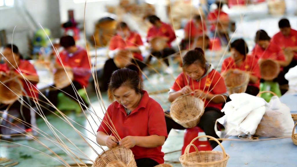Factory artisan team handcrafting natural fibre baskets in workshop, sustainable woven home goods manufacturing
