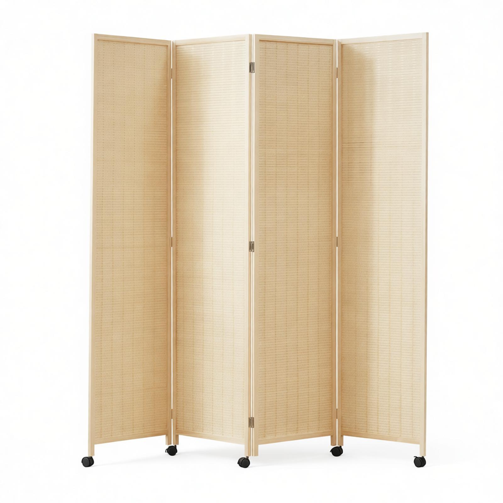 Light Wood Bamboo Woven 4-panel Room Divider with Casters - WovenNatural
