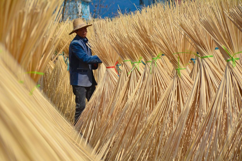 Hand-dried natural bamboo strips in a factory yard – eco-friendly raw material for sustainable products