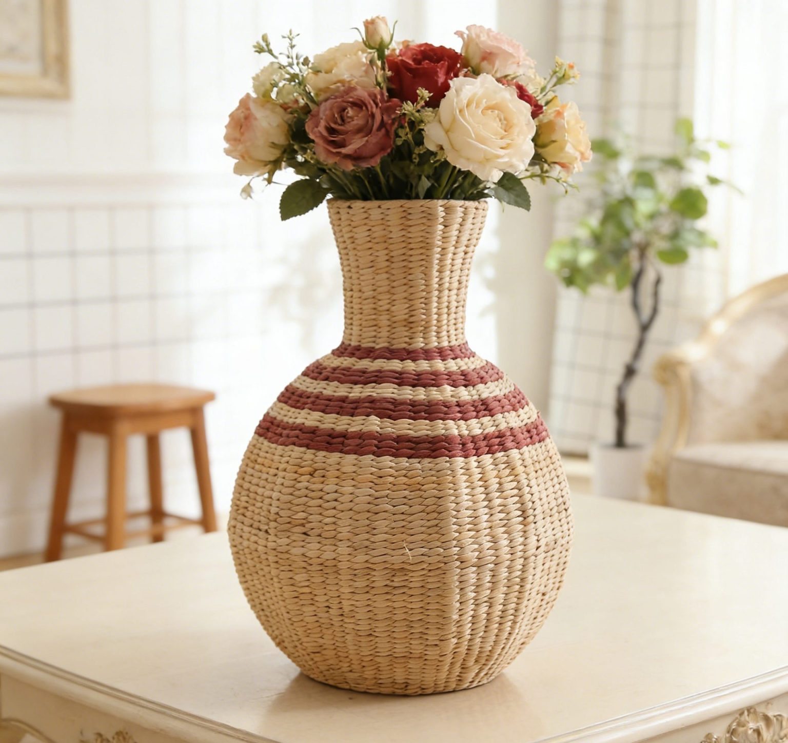 Red and cream handwoven containers hiding a functional glass bottle inside, perfect for holding green branches, water, dry goods, or as a standalone decor piece