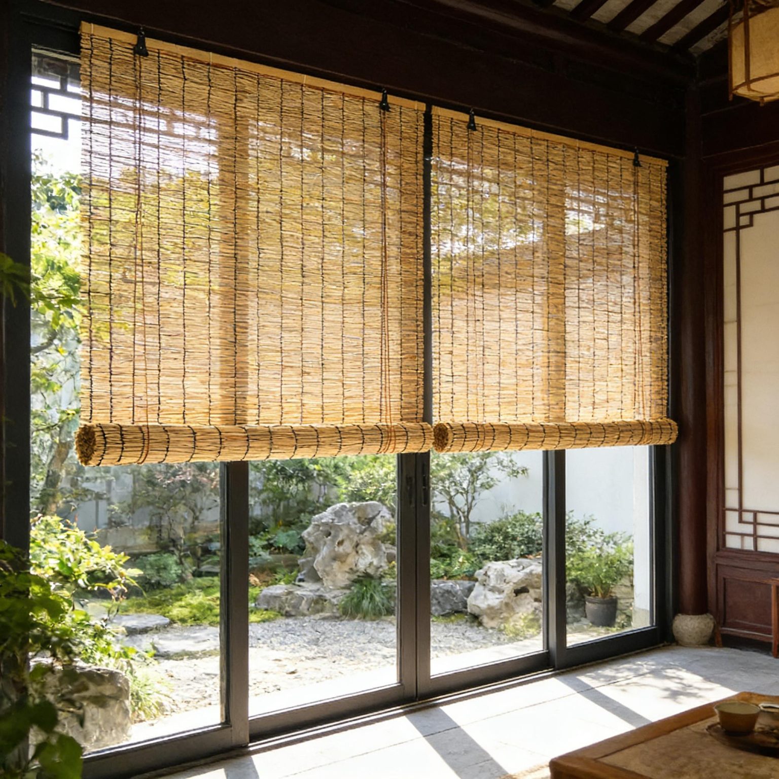 Customizable reed window blinds covering large glass doors in a traditional Chinese tea room overlooking a tranquil garden
