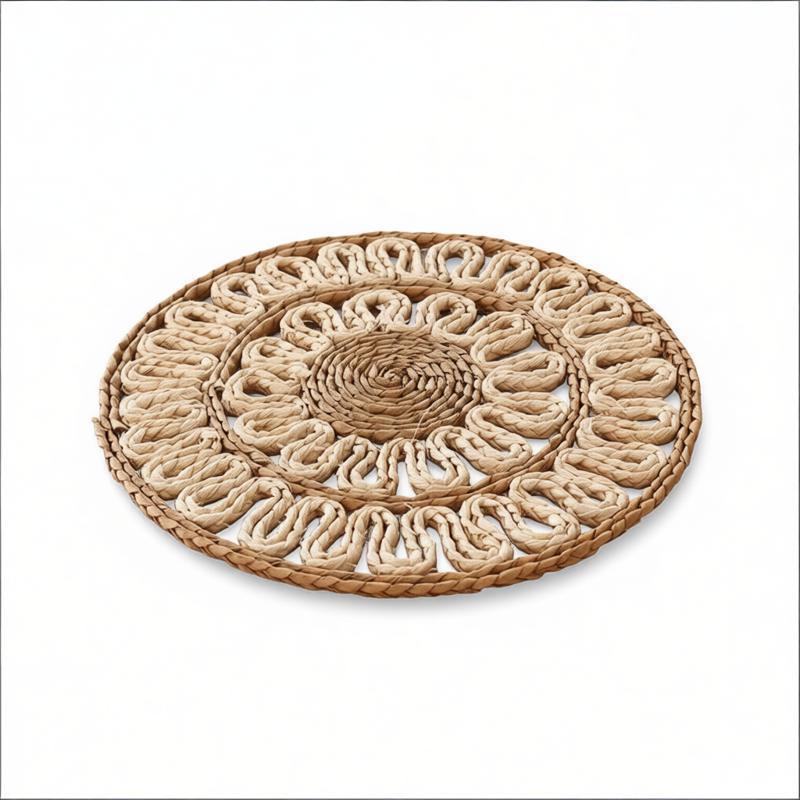 Round Handwoven Seagrass Placemat with Openwork Floral Pattern - WovenNatural