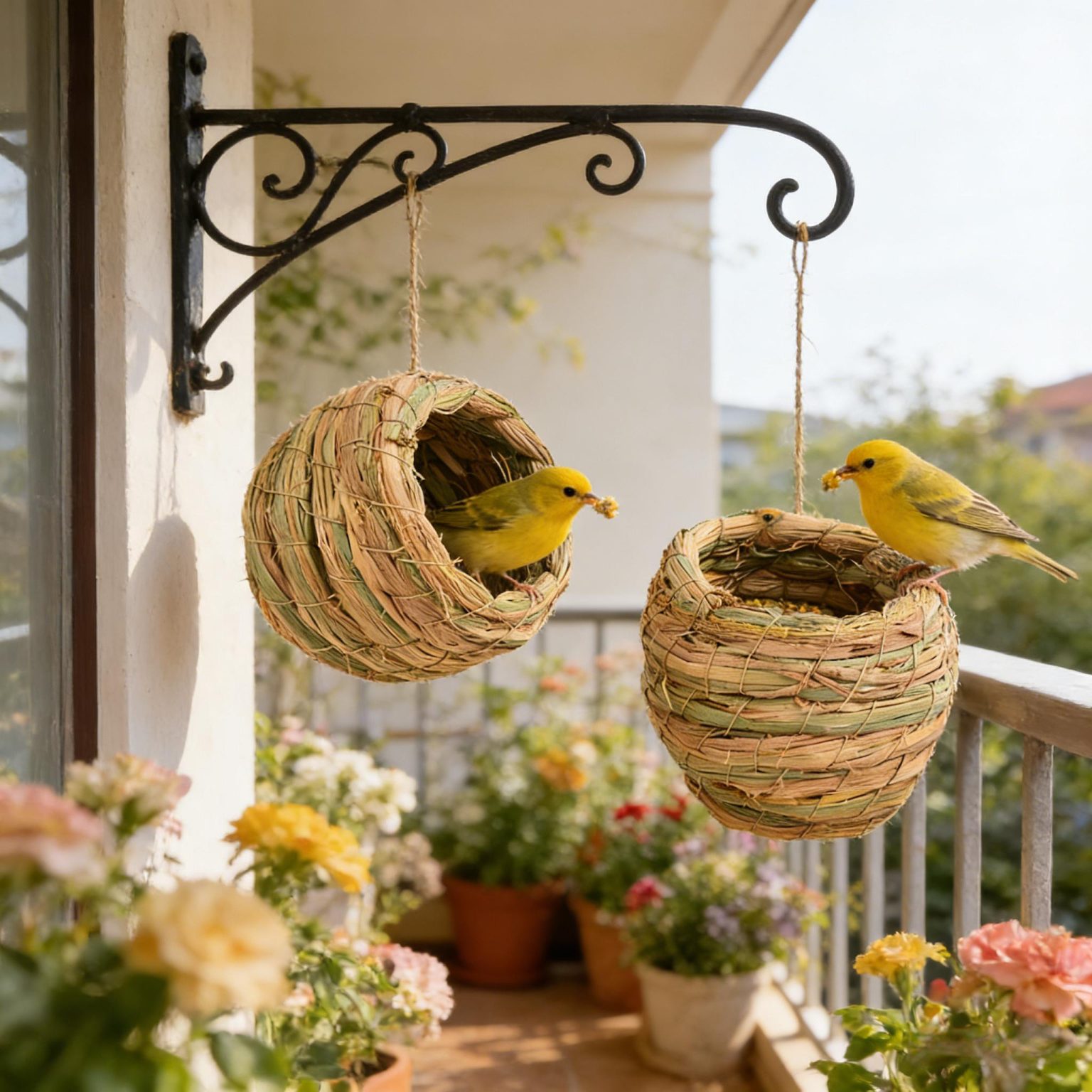 Handwoven seagrass bird nest used as a breeding nest for parrots in a hanging bamboo birdcage on a suburban balcony