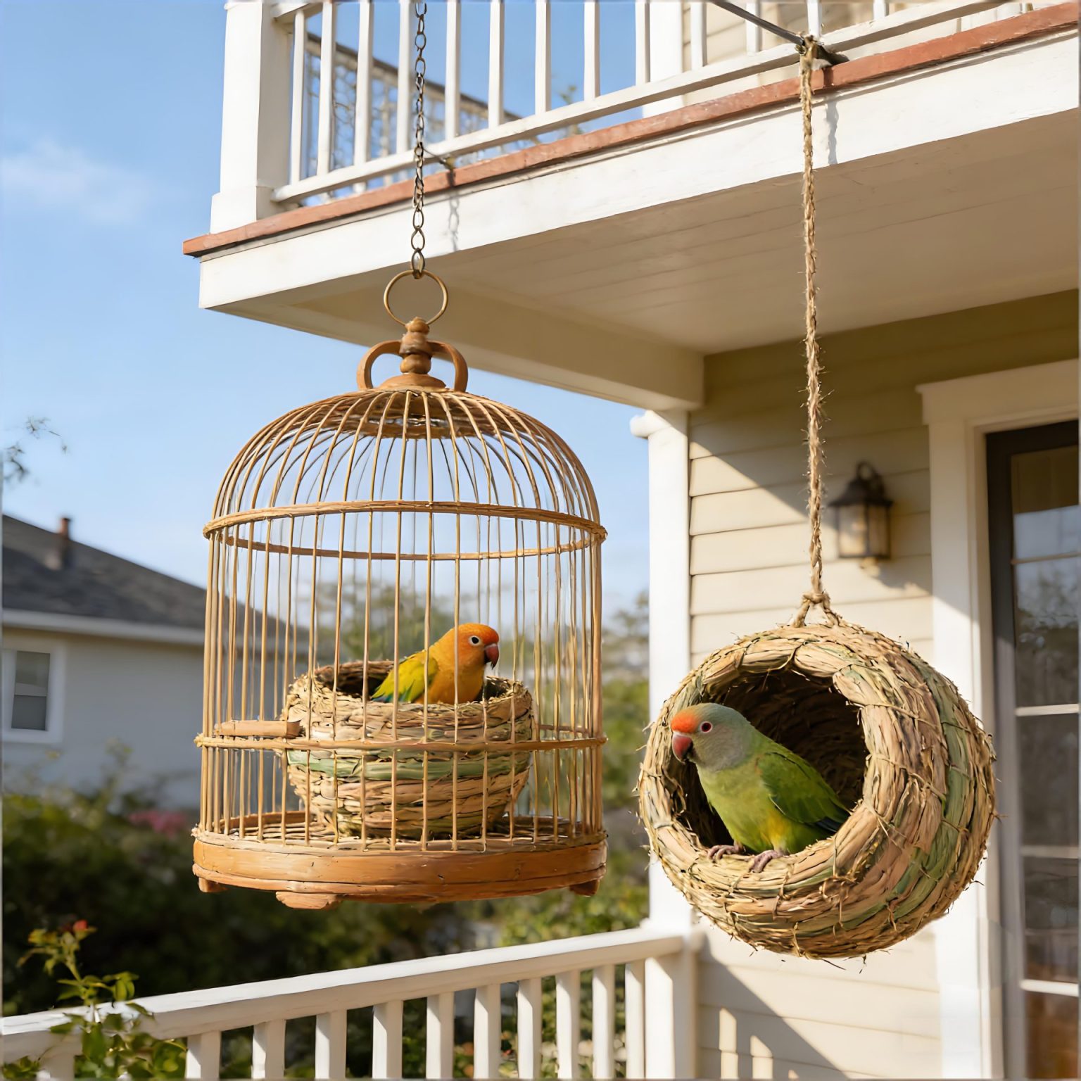 Two seagrass breeding nests used for small songbirds inside a vintage metal birdcage on a porch