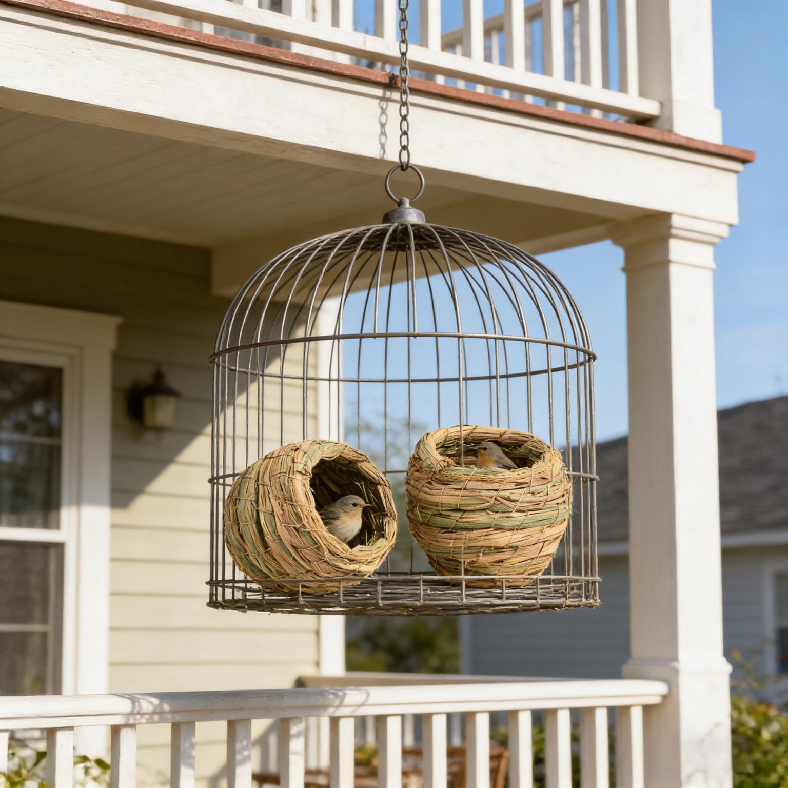 Two seagrass bird nests used as a shelter and feeder for wild yellow birds on a residential balcony