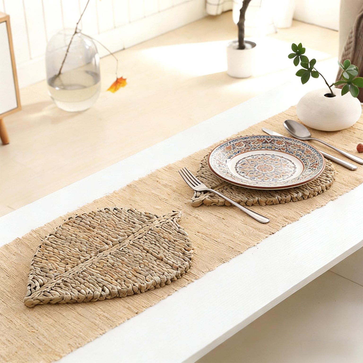 Leaf-shaped water hyacinth placemat with a decorative plate, fork, knife, and spoon on a linen runner