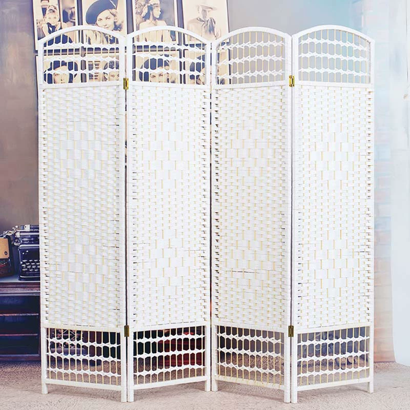 White Openwork Paper Rope 4-panel Room Divider with Top & Bottom Lattice - WovenNatural