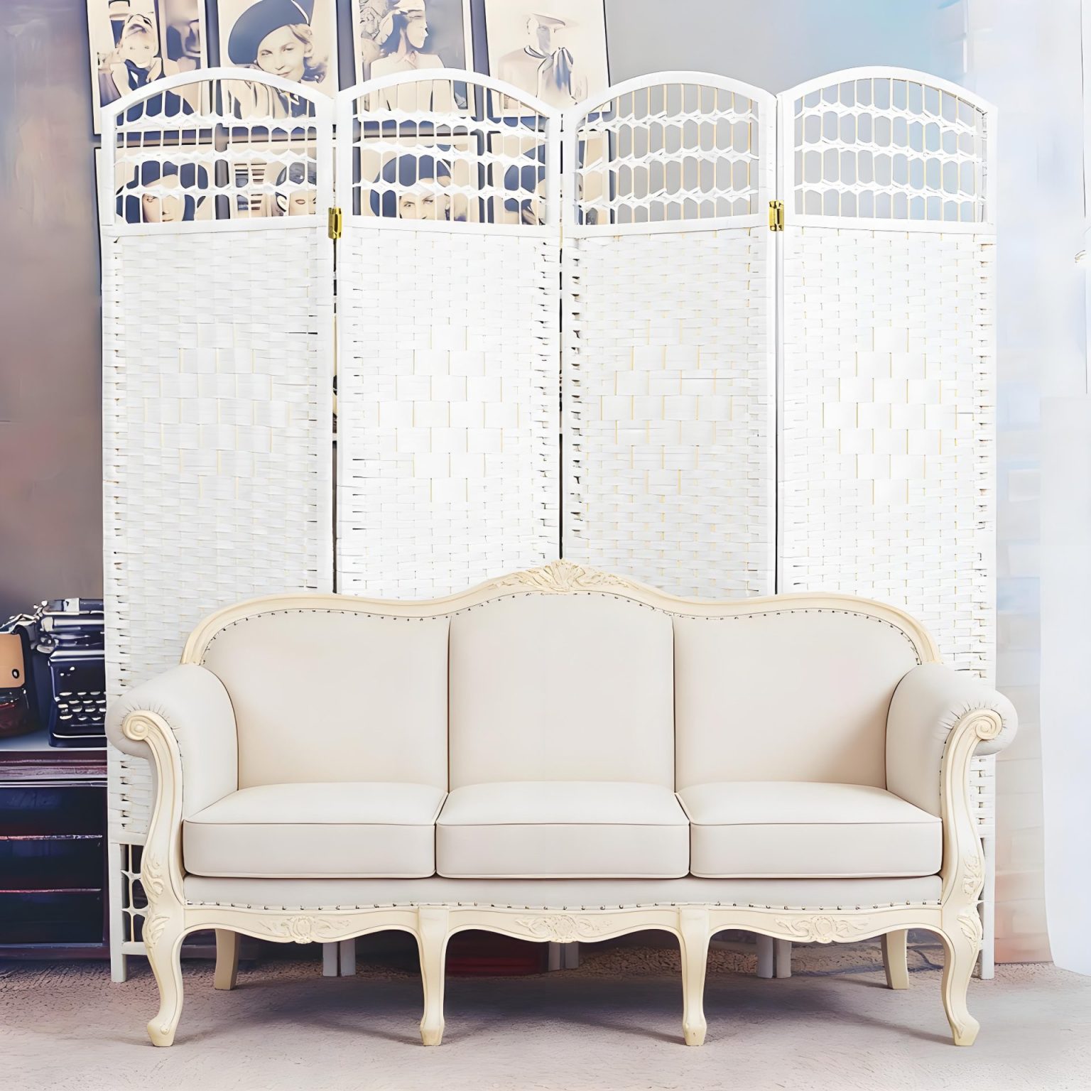 Customizable white woven wooden screen as a room divider in a bright European-style living room with a cream sofa