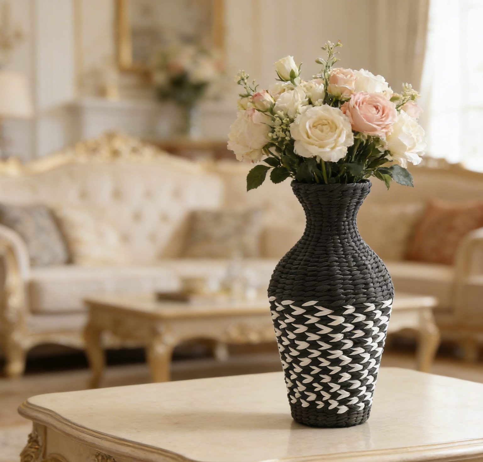 Black and white handwoven vase with a removable glass bottle liner, shown with roses but suitable for water plants, dried flowers, or kitchen storage