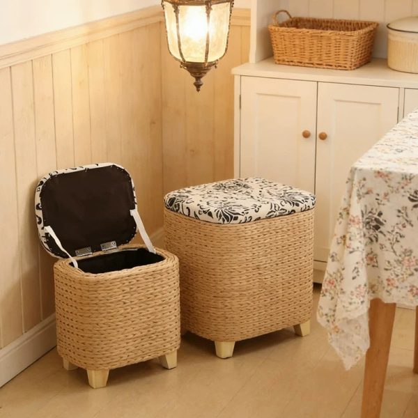 Cattail woven ottoman open lid showing hidden storage, solid wood frame