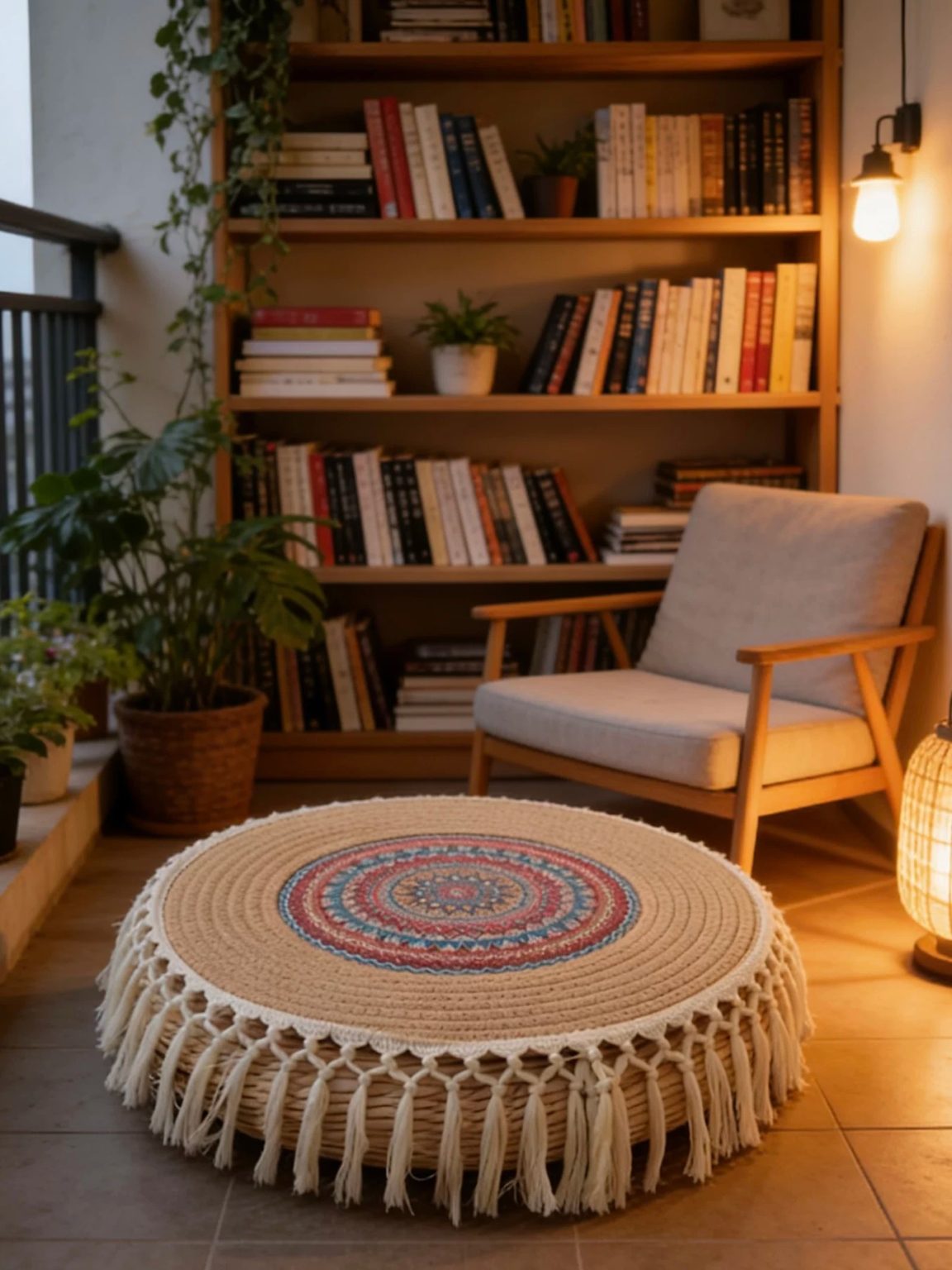 Bohemian macrame willow floor cushion with mandala pattern, round floor pillow for living room reading nook decor