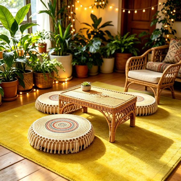 Boho macramé round floor cushions with fringe tassels paired with woven willow coffee table and chair in a plant-filled bohemian living room