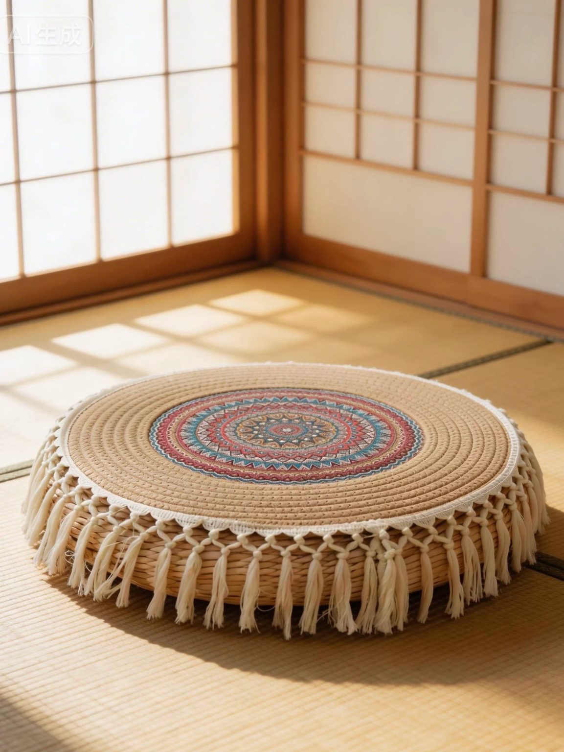 Bohemian willow floor cushion with macrame tassels, round floor pillow for meditation and tatami room decor