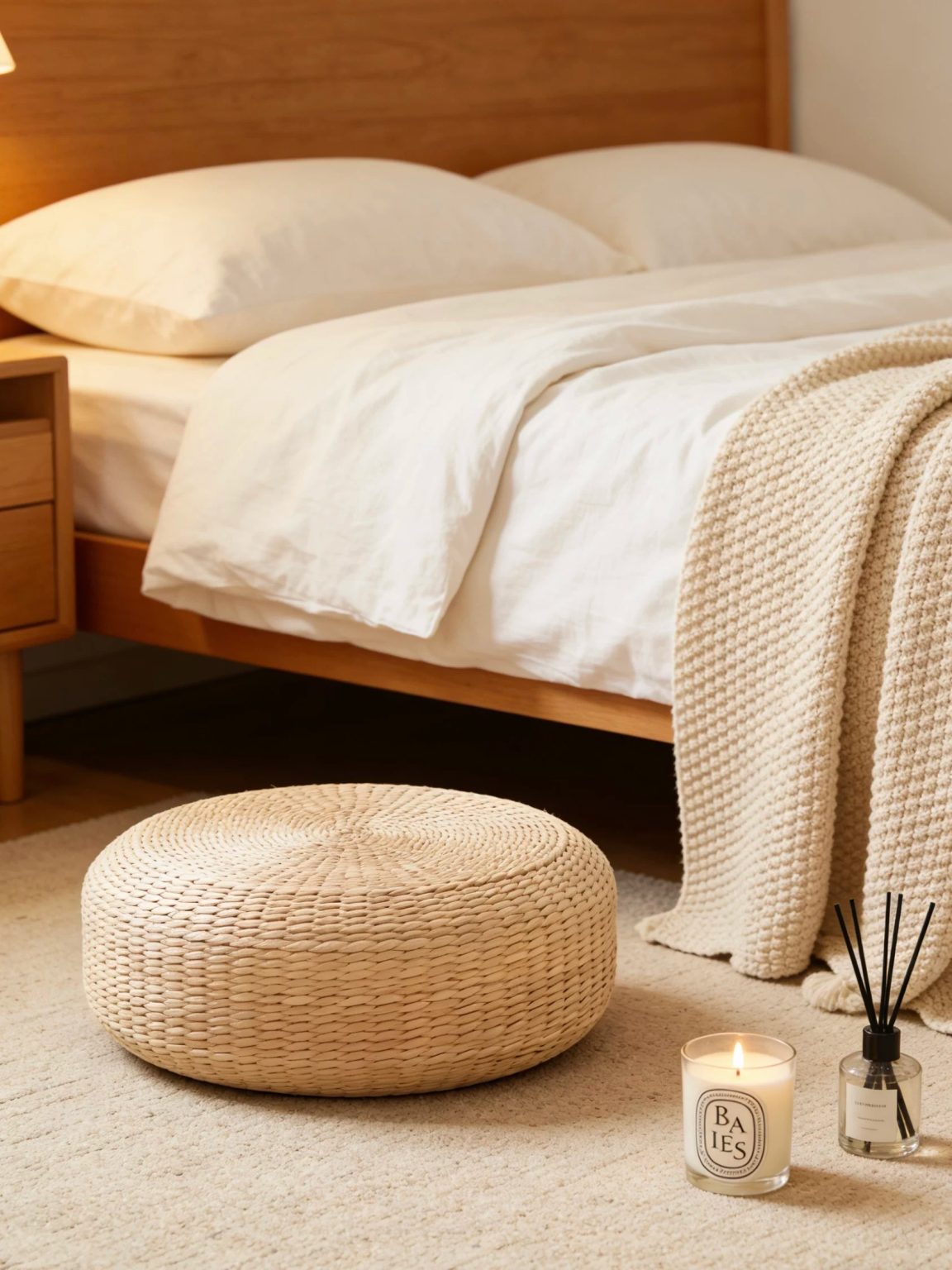 Minimalist natural bulrush cushion for bedroom, eco-friendly handwoven floor seat