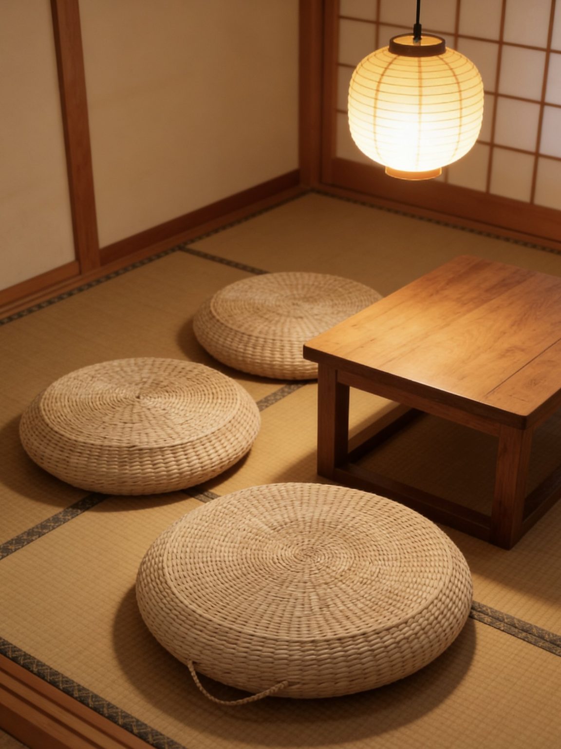 Japanese zen style bulrush cushion for tatami room, handwoven natural fiber