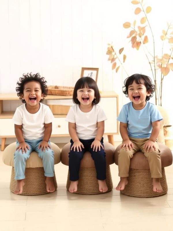 Kids sitting on mushroom stools, children's room furniture, safe and cute ottomans for kids