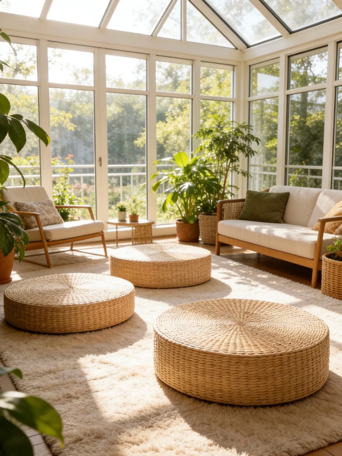 Farmhouse style handwoven rush floor cushion, ideal for sunroom and meditation use