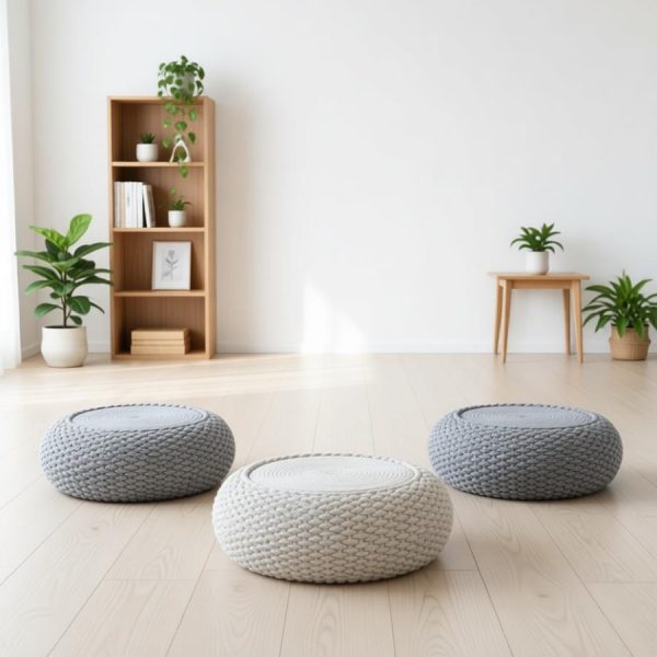 Set of handknit cotton floor poufs with solid wood frame, scandinavian style for living room