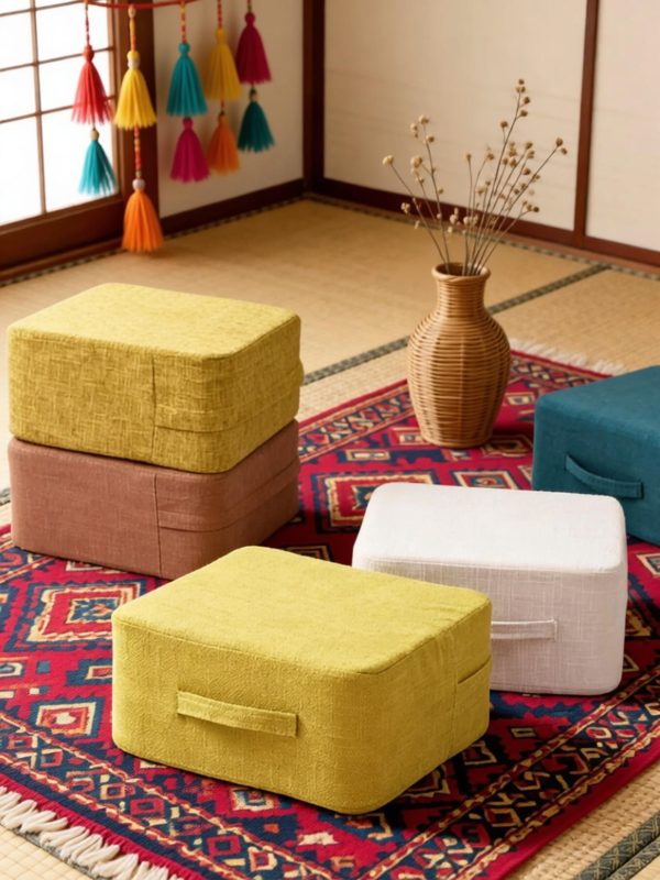 Multi-color square linen cushion set with portable handles for tatami room layout