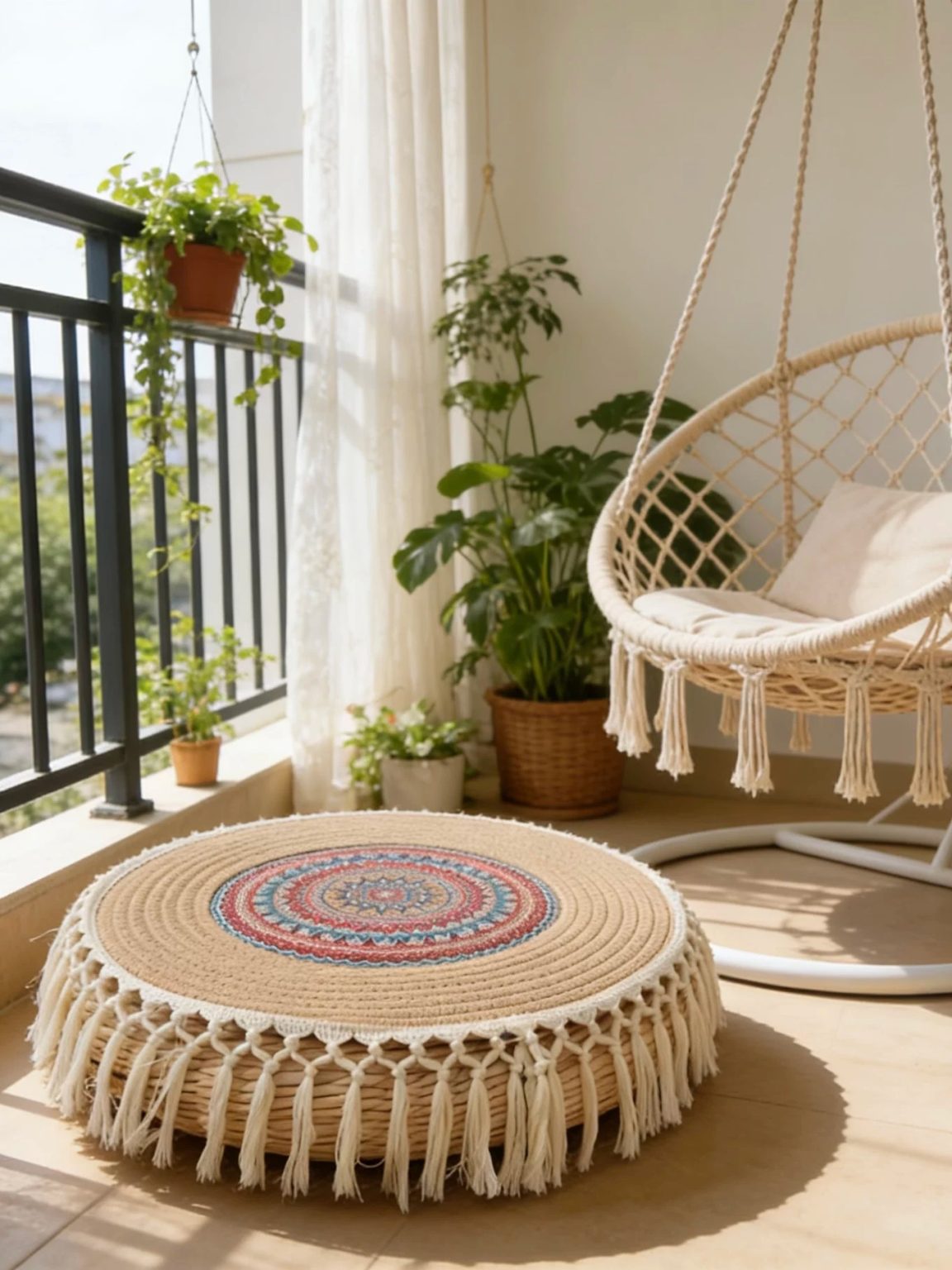 Handmade boho willow floor cushion with tassels, woven floor pillow for balcony and garden decor