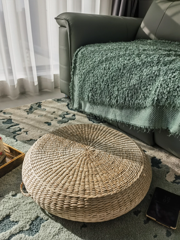 Handwoven bulrush cushion for rustic living room seating, eco-friendly natural fiber