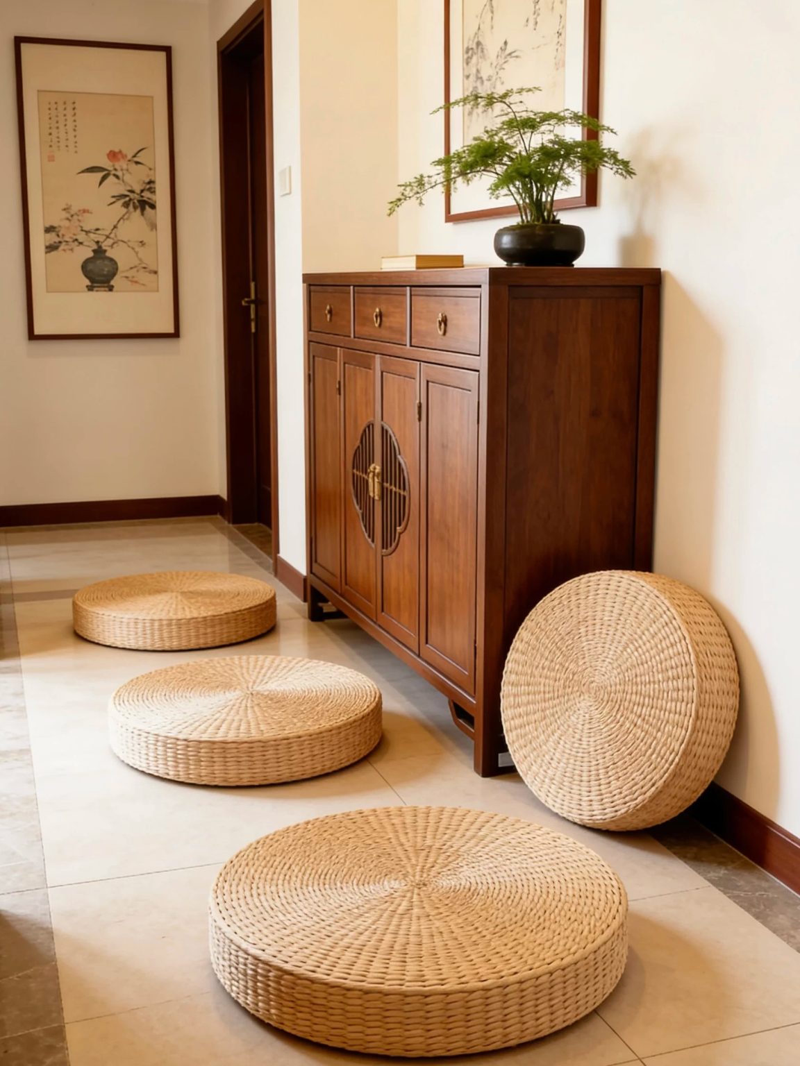 Handwoven rush floor cushion, versatile for entryway seating and multi-use purposes