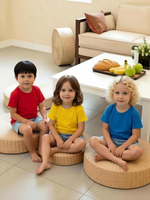 Handwoven rush floor cushion with eco-friendly fiber, rustic farmhouse style for kids seating