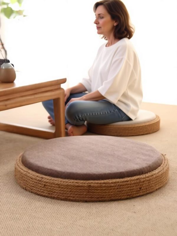 Round hemp rope floor cushion with linen cover, used for meditation in living room