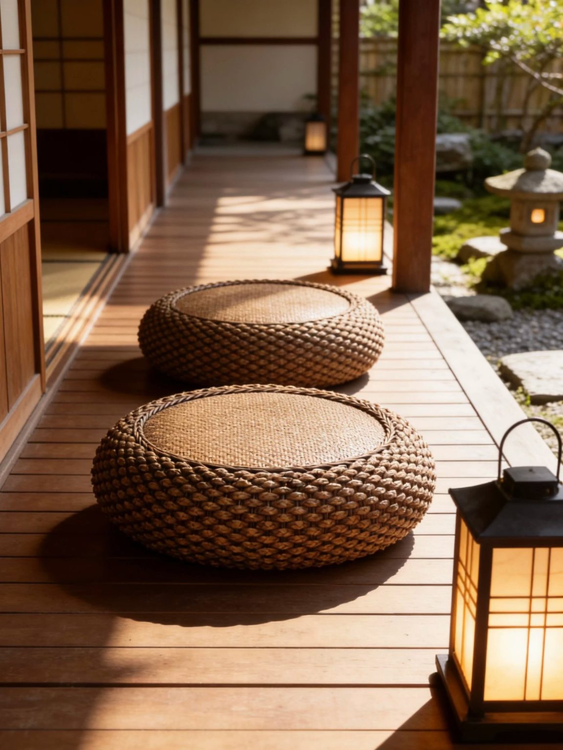 Japanese zen style handwoven willow pouf, with solid wood frame for garden use