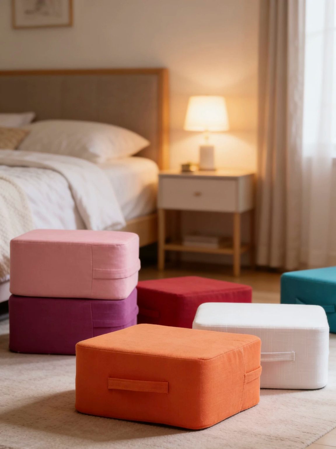 Square linen floor cushions with side handle & removable cover stacked in bedroom