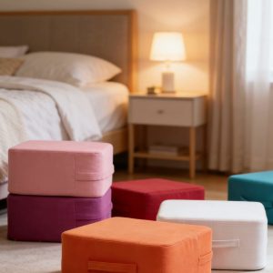 Square linen floor cushions with side handle & removable cover stacked in bedroom