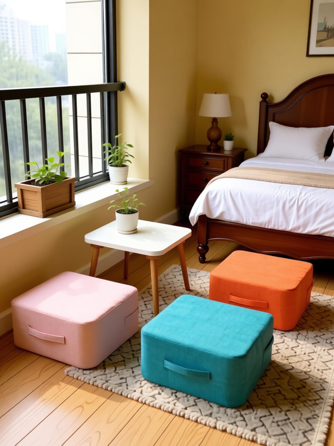 Colored square handle cushions matched with complete bedroom interior decoration