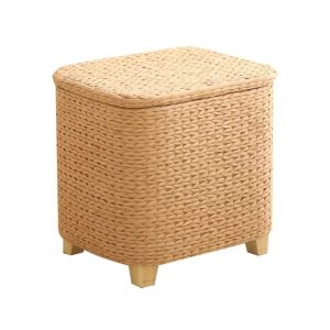 Natural cattail woven storage ottoman with solid wood frame on white background
