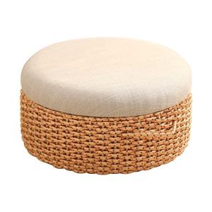 Natural cotton rope stool with linen cushion, handwoven eco-friendly furniture on white background