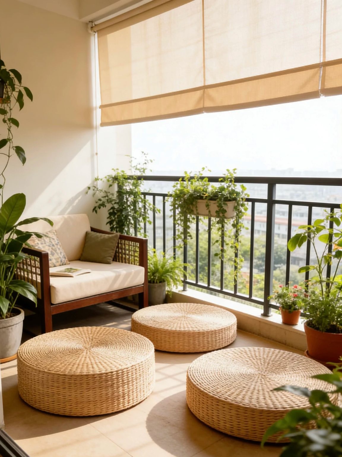 Natural handwoven rush floor cushion, rustic style for balcony and outdoor use