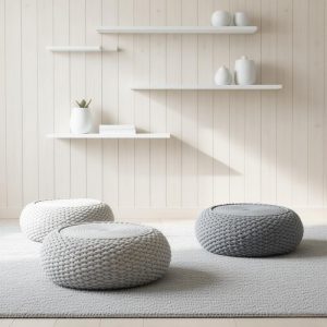 Neutral tone knit cotton floor pouf, handmade with solid wood frame for home decor