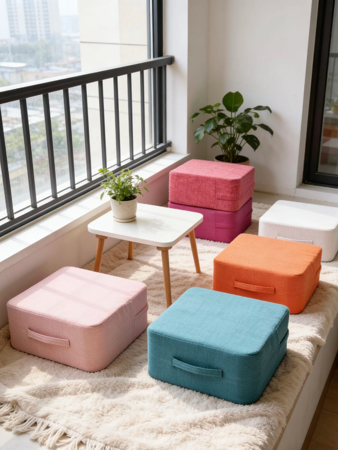 Multiple square linen cushions with handle arranged on home balcony bay window