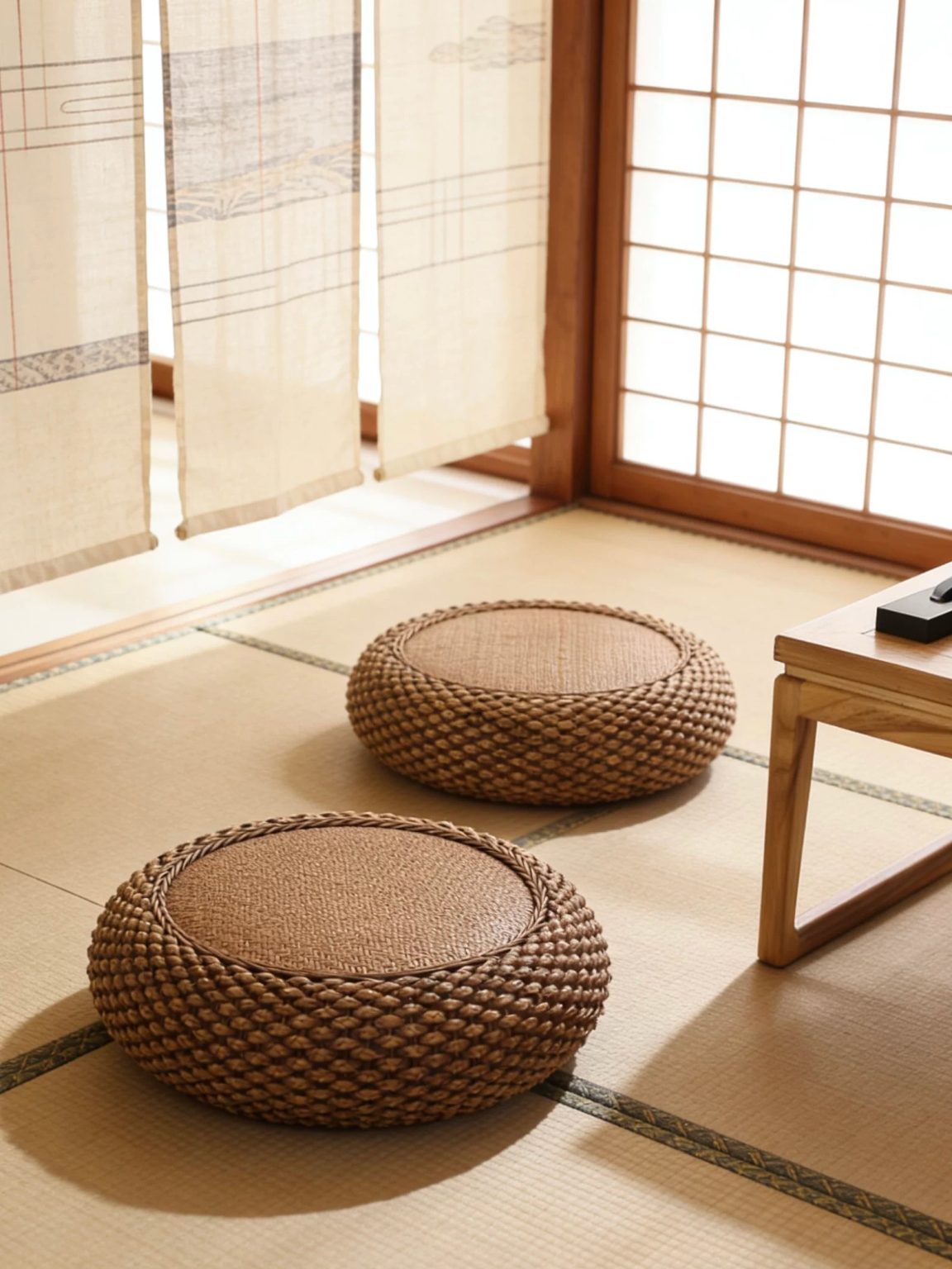 Handwoven willow floor pouf with solid wood frame, rustic design for tatami room