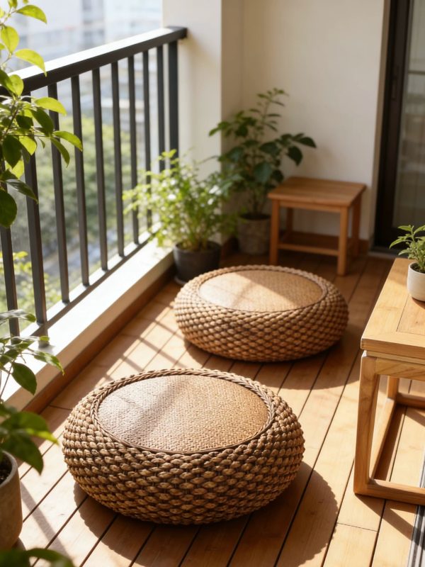 Handwoven willow floor pouf with solid wood frame, natural style for balcony use