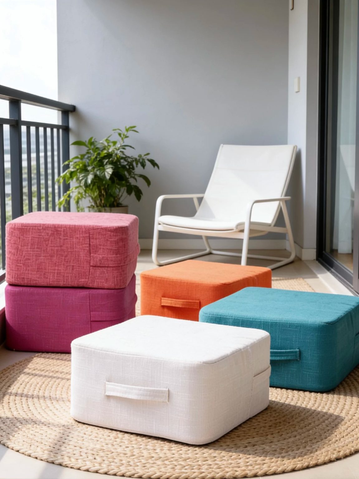 Square linen cushions with portable handles placed on outdoor balcony willow mat