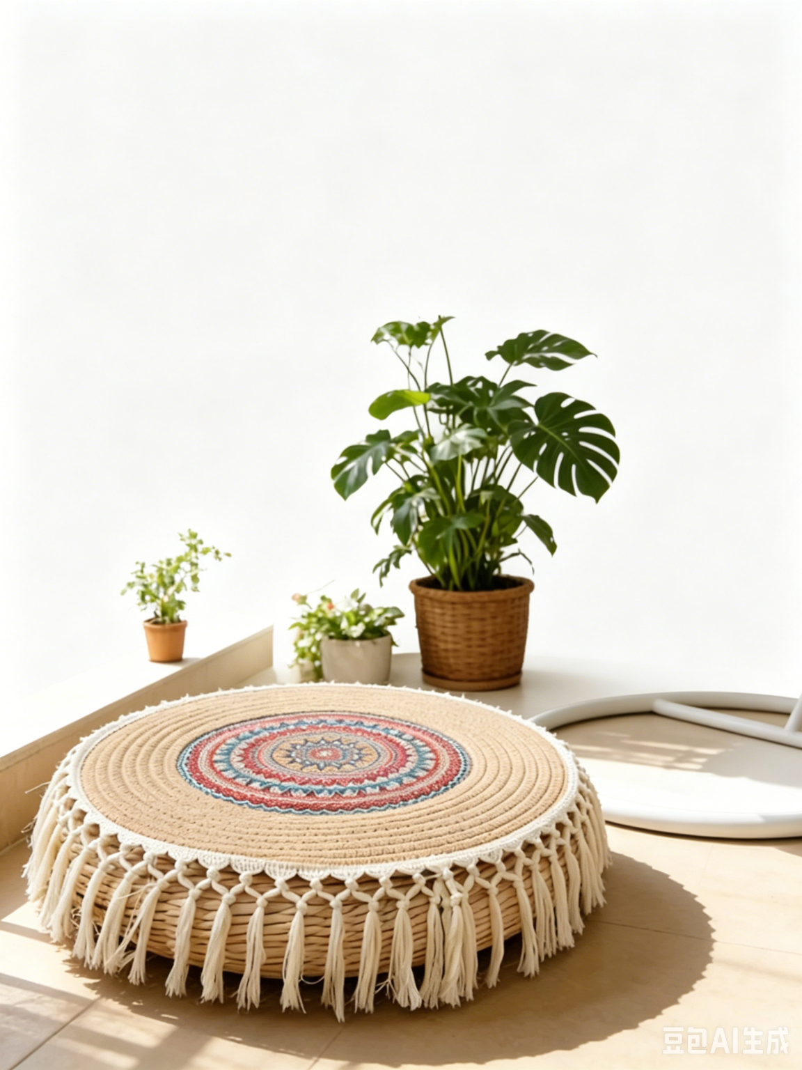 Round boho willow floor cushion with macrame tassels, woven floor pillow with mandala pattern