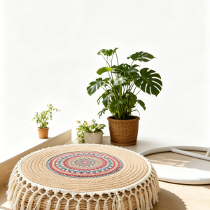 Round boho willow floor cushion with macrame tassels, woven floor pillow with mandala pattern