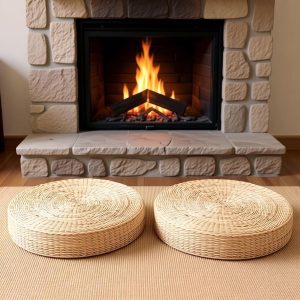 Rustic handwoven rush floor cushion, farmhouse style for fireplace seating