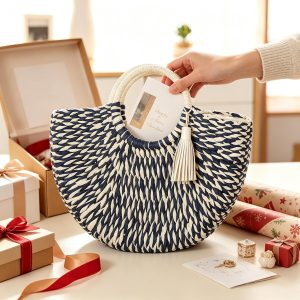 Navy white striped straw tote bag arranged with gift boxes, ideal for holiday present packaging