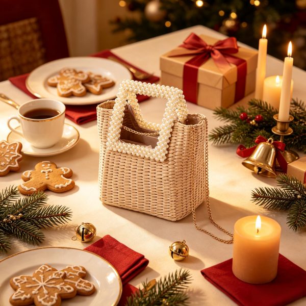 Pearl handle straw tote bag arranged on holiday dining table with gifts and candles