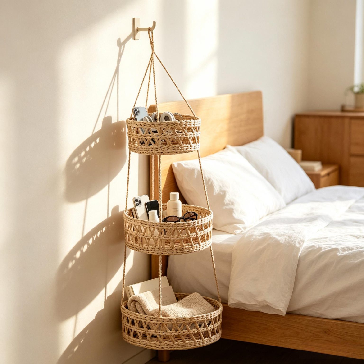 Three-tier hanging woven basket hung beside bed storing books, glasses, phone and skincare products